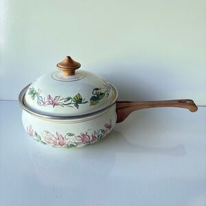 VTG Fissler Asta Enamelware 6” Saucepan Dutch Over Floral Pattern Brass Handle